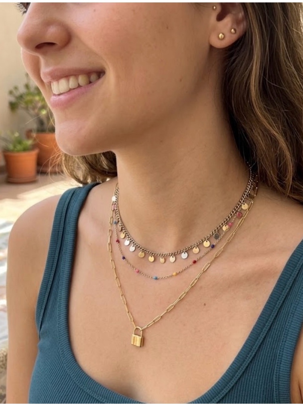 Layered Gold Coin & Lock Necklace - Multicolor Accents